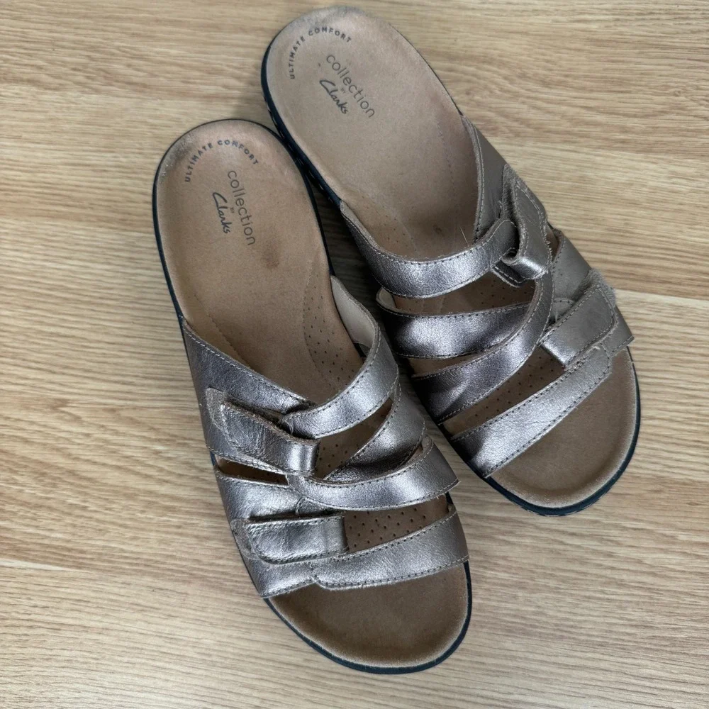 Clarks Collection Gold Metallic Merliah Karli Leather Slide Sandals Size 8 Exc!